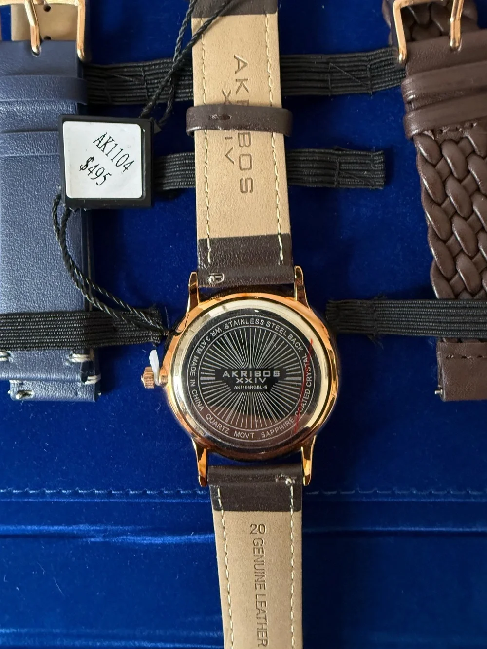 Akribos XXIV AK1104 Men’s Watch Blue Dial Rose Gold Tone 3 Leather Straps New